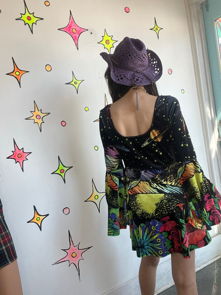 Black Velvet Alien Neon Scene Mini Dress - Bell Sleeves Rave Festival Hippie L