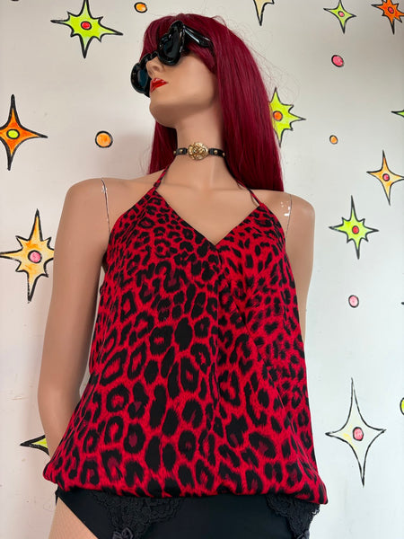 Vintage Red Leopard Print Silk Halter Cami Mob Wife Indie Sleaze Glam Y2K XS