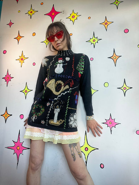 Vintage 80s Embellished Christmas Sweater Ugly Tacky Holiday X Mas Party M