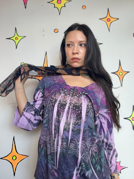 Vintage Navy Sheer Art Print Scarf Baroque Clock Print Maximalist Goth Mesh Wrap