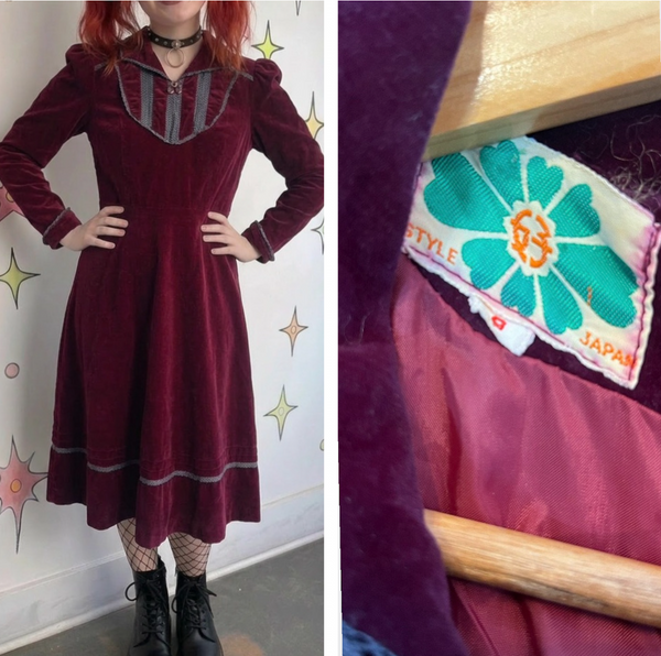 Vintage 60s Babydoll Purple Velvet Edwardian Revival Dress Japan Made Lolita S