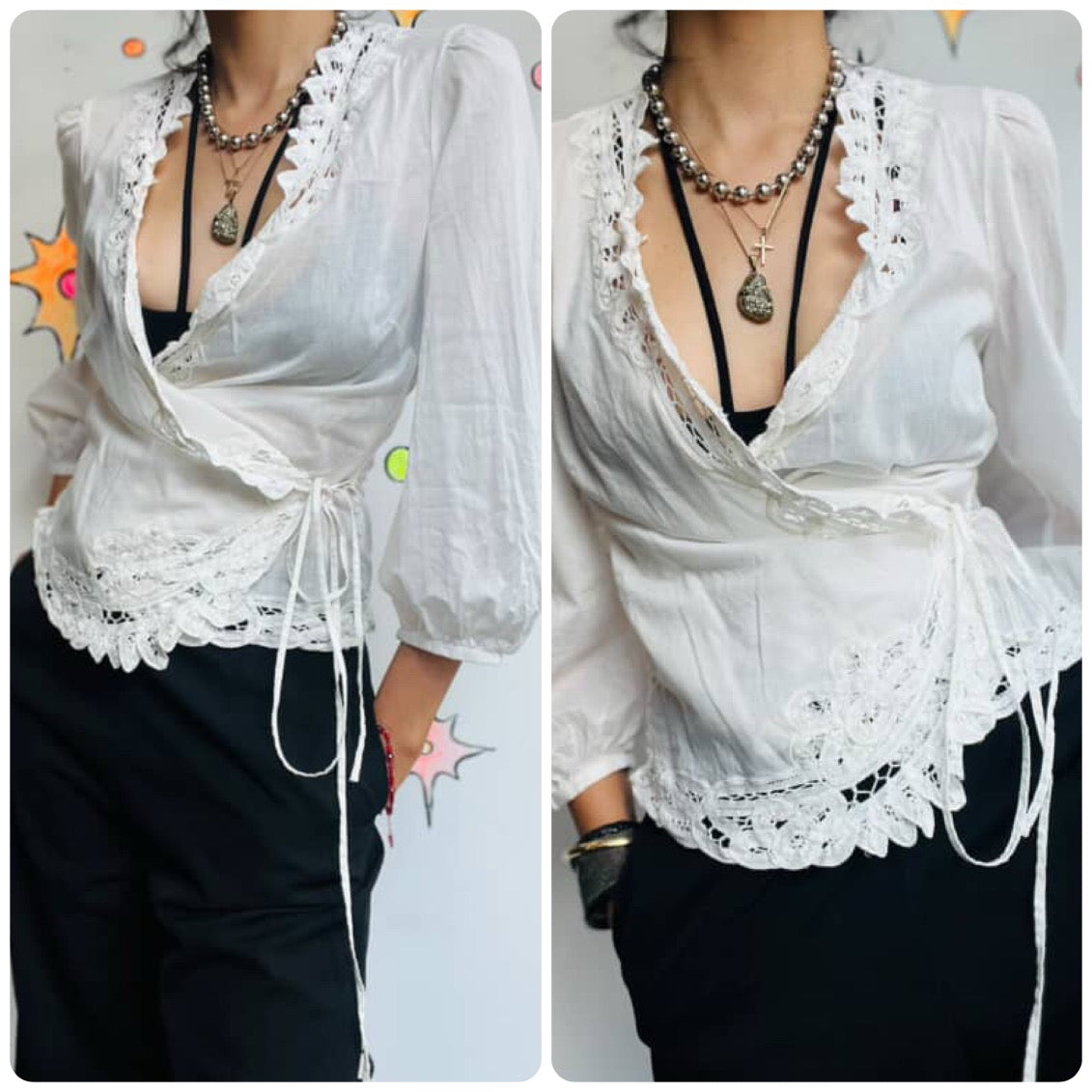 Vintage Ralph Lauren Lacey Cotton Wrap Blouse - Rococo Pirate Fairy Grunge - S