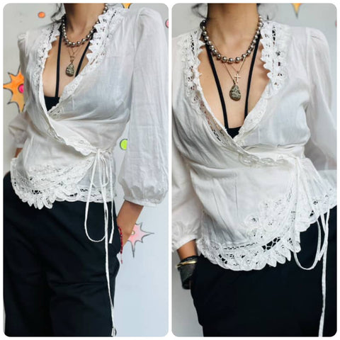 Vintage Ralph Lauren Lacey Cotton Wrap Blouse - Rococo Pirate Fairy Grunge - S