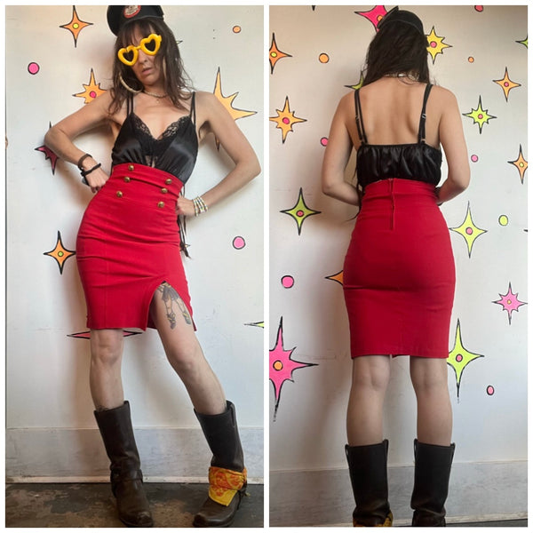 Y2K Red Pencil Skirt | Stretch Sailor Pin Up Secretary Office Siren Midi S