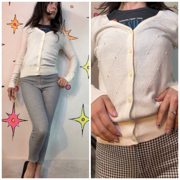 Pearl Embellished Ivory Cardigan | Rococo Coquette Balletcore Sweater XS