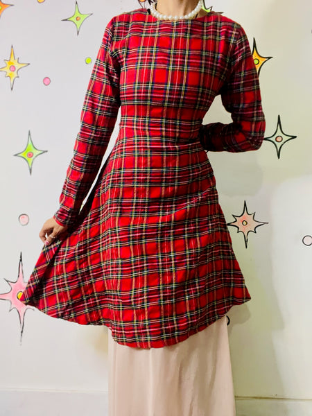 Vintage 90s Red Plaid Tartan Fit & Flare Mini Dress Holiday Party Punk Grunge XL