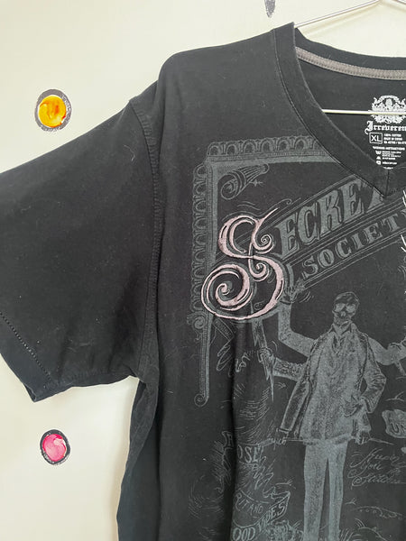 Vintage Y2K Indie Sleaze Black Graphic Tee - Tattoo Print Goth Grunge Shirt - XL