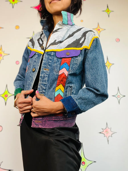 Vintage 80s 90s LEE Denim DIY Hand Painted Boho Grunge Jean Jacket S-M