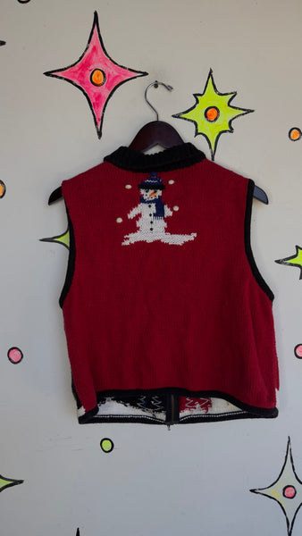Vintage 80s 90s Retro Blue Snowman Zip Up Ugly Christmas Party Sweater Vest | S