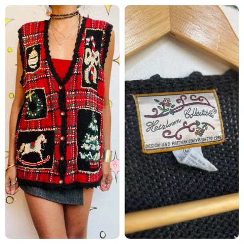 Vintage 80s 90s Plaid Patchwork Embellished Ugly Christmas Sweater Vest | M