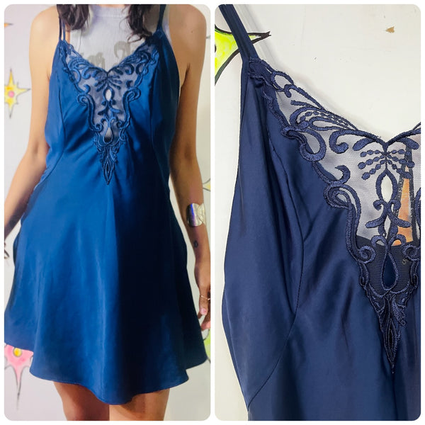 Vintage 90s Y2K Navy Satin Lace Fairy Grunge Slip Lingerie Mini Dress – Lace S
