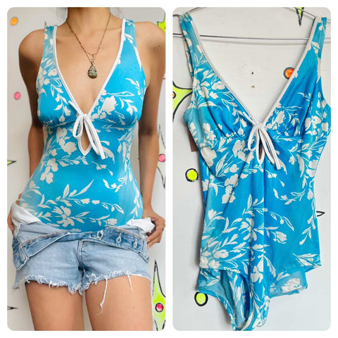 Vintage 70s Blue & White Floral Hawaiian Plunge Swimsuit – Retro One Piece – 14