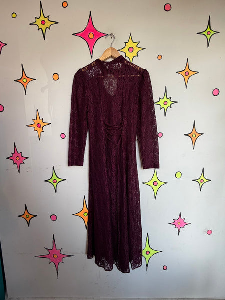 Vintage 90s Merlot Lace Maxi Dress Sheer Romantic Goth Prairie Fairy Grunge - S