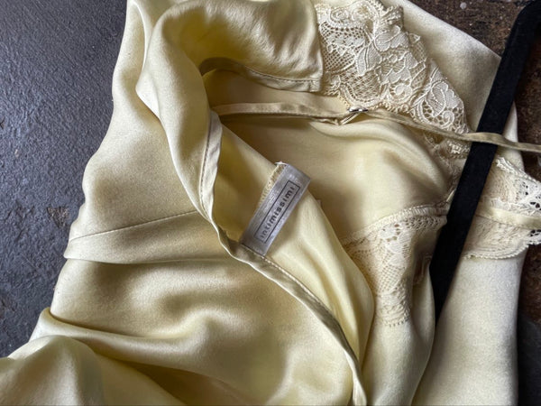 Vintage Pastel Silky Yellow Slip Dress with Lace Fairy Grunge Lingerie M