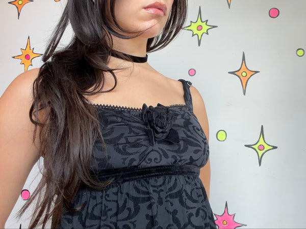 Betsey Johnson Black Velvet Babydoll Dress Whimsy Goth Romantic Grunge Y2K M