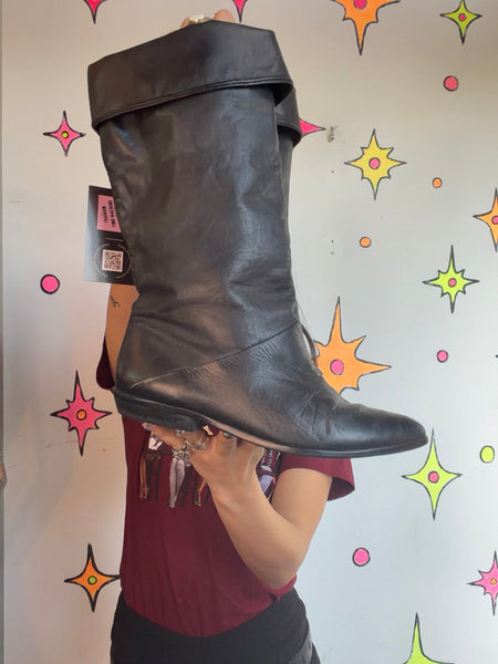 80s Black Slouch Boots Leather Riding Boots Dark Academia Romantic Goth 8
