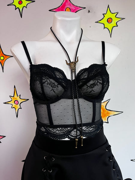90s Black Lace Cropped Cami - Lingerie Babydoll Bustier Top - Grunge Goth - S