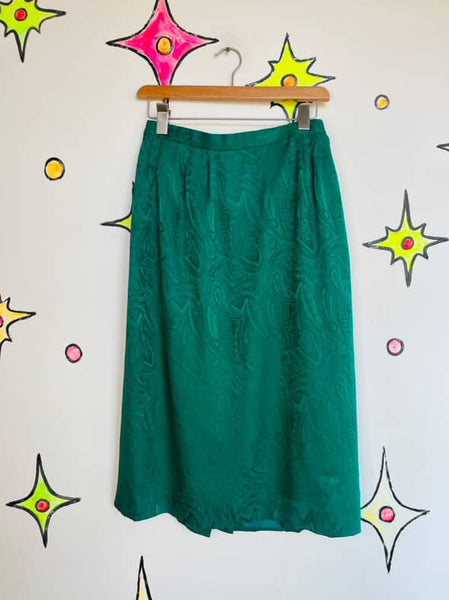 Mermaid Green 80s Silk Vintage Paisley Midi Pencil Skirt - M
