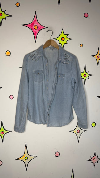 Studded Denim Western Shirt Y2K Cowgirl Rodeo Grunge Button Down - Large