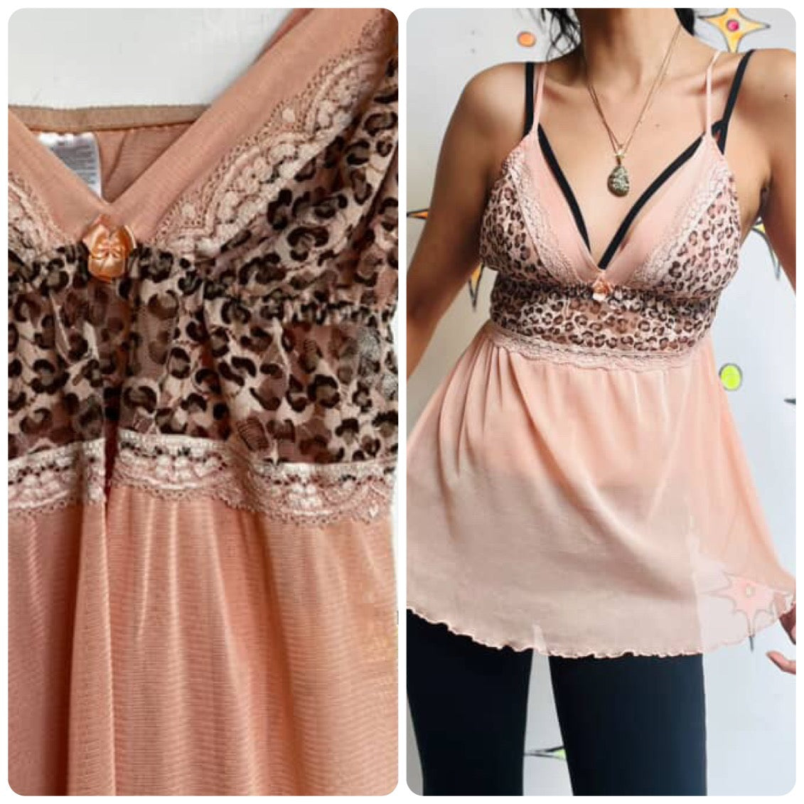 90s Y2K Pale Pink & Leopard Sheer Lace Babydoll Camisole - Grunge Coquette - M