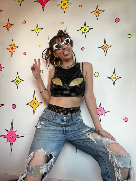 Y2K Handmade Alien Rave Set Metallic Crop Top Micro Shorts Cyber Goth Costume L