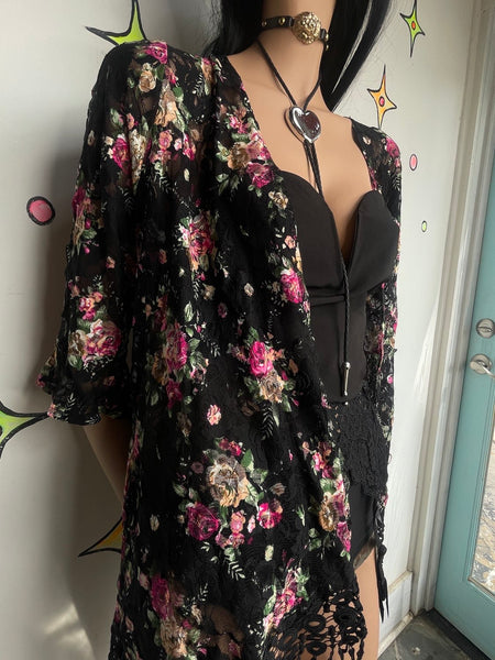 Y2K Black Lace Fringe Top | Whimsy Goth Boho Western Fairy Duster Blouse ML