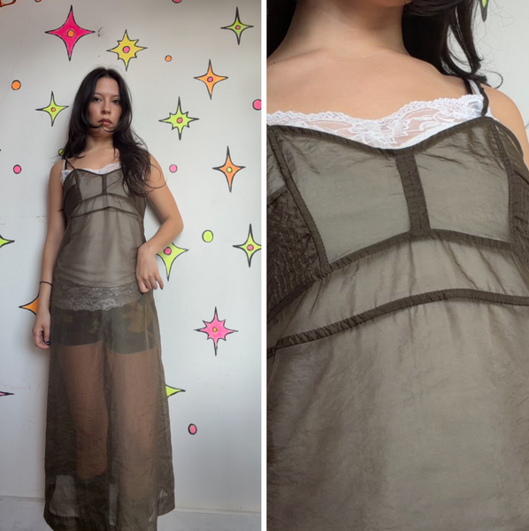 Olive Green Sheer Slip Dress Fairy Grunge Ethereal Avant Garde Y2K XS