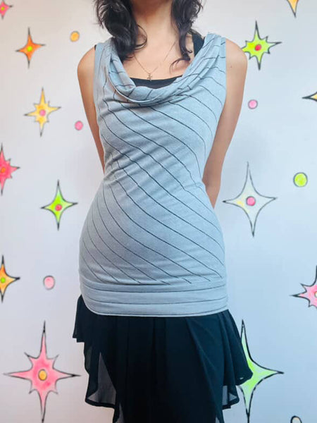 Y2K Fairy Grunge Tee - Indie Sleaze Cowl Neck Lace Up Top - Vintage S M