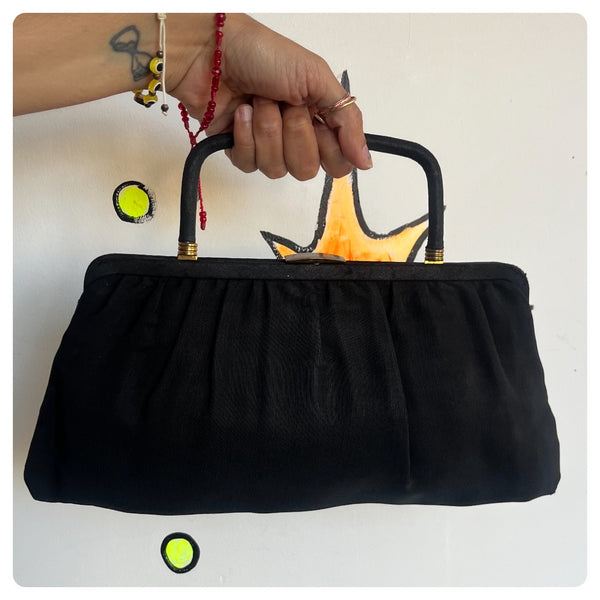 Vintage 1950s Black Satin Goth Glam Old Hollywood Purse Bag Handbag with Handle