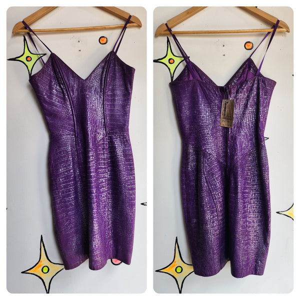 Vintage 80s 90s | Purple Silver Faux Snake Skin Leather Tannery West Dress | 6