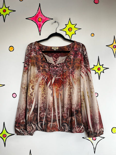 Vintage Y2K Affliction-Style Boho Grunge Fairy Indie Sleaze Tattoo Print Top | L