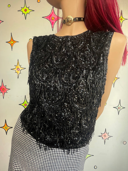 True Vintage 1950s Black Beaded Rayon Top Old Hollywood Glam Goth Luxury M