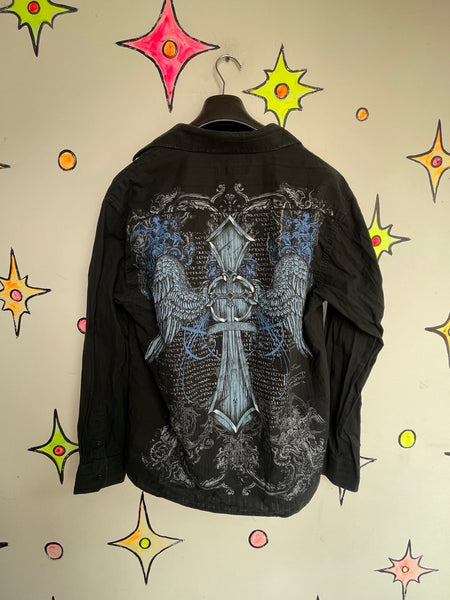 Y2K Affliction Style Tattoo Print Button-Up Black & Blue Graphic Shirt L/XL