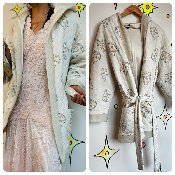 Vintage 80s Pastel QuiltedLounge Babydoll Nighty Robe Hooded Cozy Housecoat ML