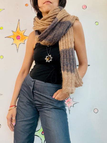 90s Brown Striped Grunge Oversized Fuzzy Mohair Scarf - Extra Long Cozy Rodarte