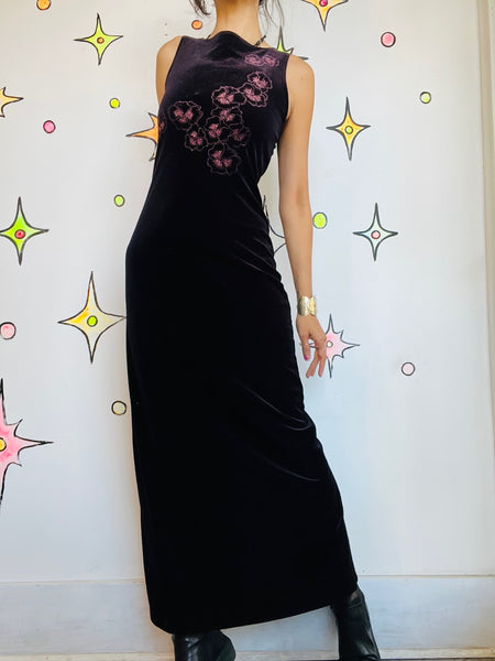 Vintage 90s Plum Velvet Maxi Dress w Glitter – Fairy Grunge Goth Y2K Gown M