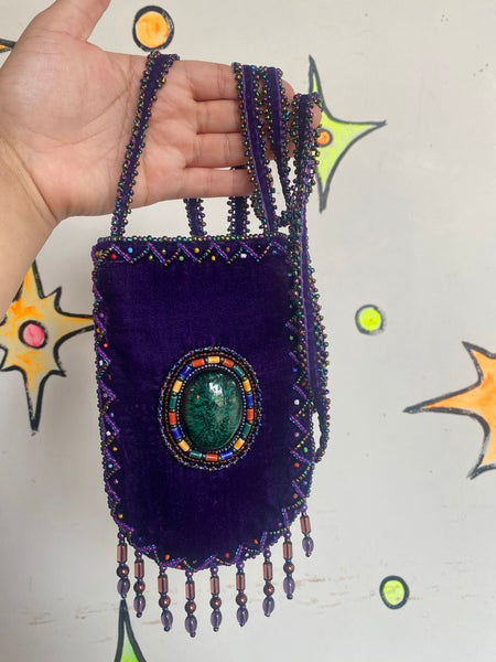 Bohemian Purple Velvet Beaded Crossbody Mini Pouch Fairycore Festival Boho
