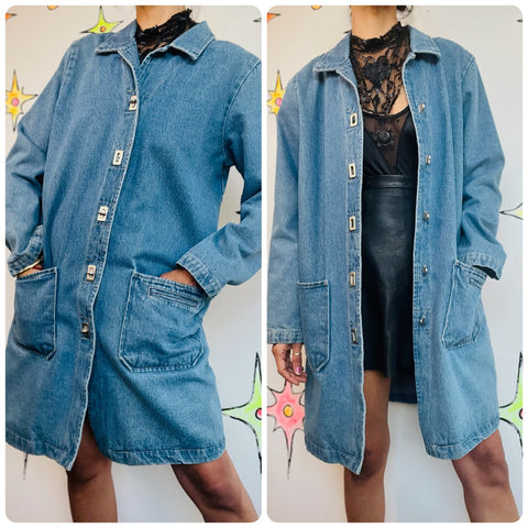 Vintage 90s Denim Oversized Chore Jacket – Barber Trench Coat - Boho Grunge – M