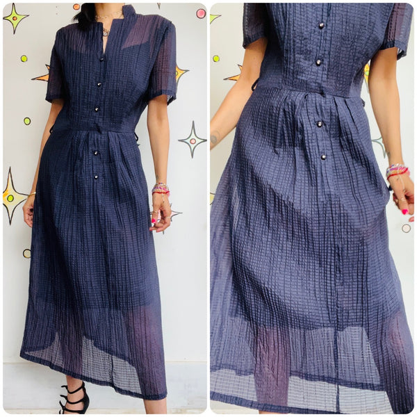 Vintage 40s 50s | Navy Cotton Pin Up Shirt Swing Dress with Pretty Buttons | ML