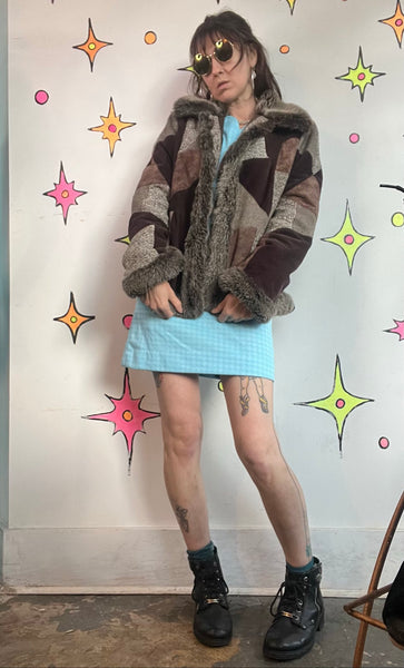 Y2K Penny Lane Faux Fur Patchwork Coat Boho Glam Western Festival Luxe L