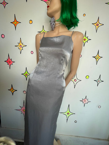 90s Silver Metallic Glam Maxi Dress Side Slit Fairy Grunge Prom Slip Gown S