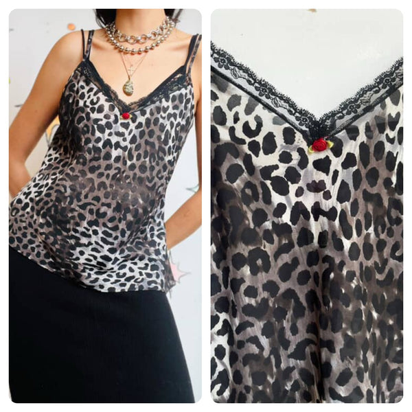 Y2K Black & Gray Sheer Leopard Lace Cami - Fairy Grunge Goth Babydoll Top