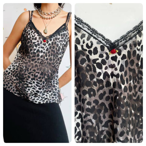 Y2K Black & Gray Sheer Leopard Lace Cami - Fairy Grunge Goth Babydoll Top