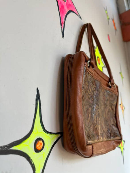 Vintage Boho Western Tooled Leather Satchel | 70s Style Floral Purse Handbag