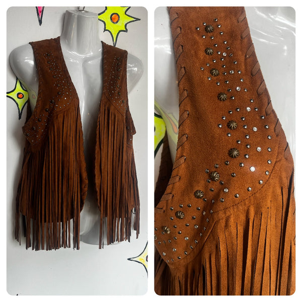 Vintage Y2K 00's | Faux Suede Fringe Rhinestone Vest Cowgirl Biker Western | L