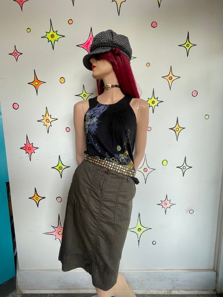 Y2K Low Rise Military Green Utility Cargo Skirt Linen Blend Emo Fairy Grunge M/L