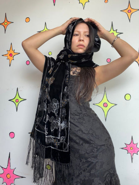 Black Velvet Burnout Fringe Scarf Flapper Old Hollywood Goth Fairycore Glam