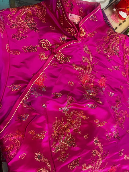 Vintage Hot Pink & Gold Satin Cheongsam Mini Dress | Geisha Kimono Style | M/L