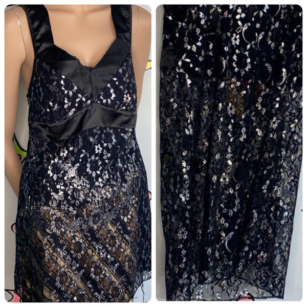 Black Metallic Lace Slip Dress | Whimsy Goth Fairy Grunge Sheer Lingerie Dress M