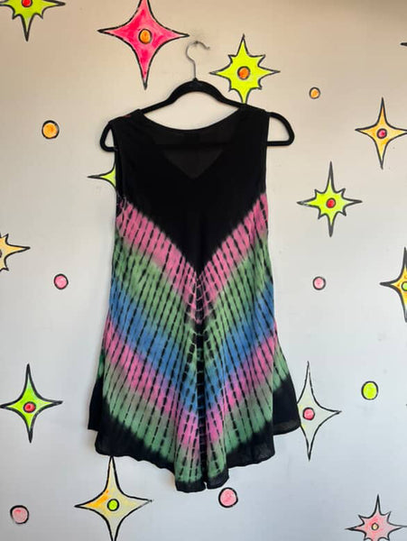 Vintage Black & Rainbow Grunge Fairy Boho Festival Mini Dress | Size M/L